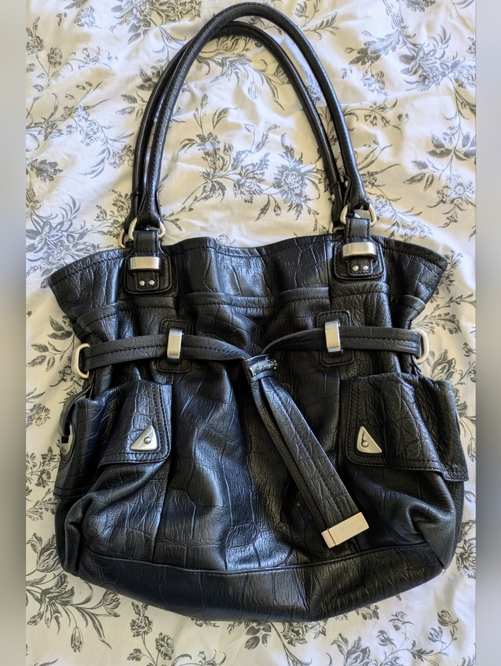 B Makowski Vintage Hobo Cinched Bucket Large Shoulder Bag Black Leather